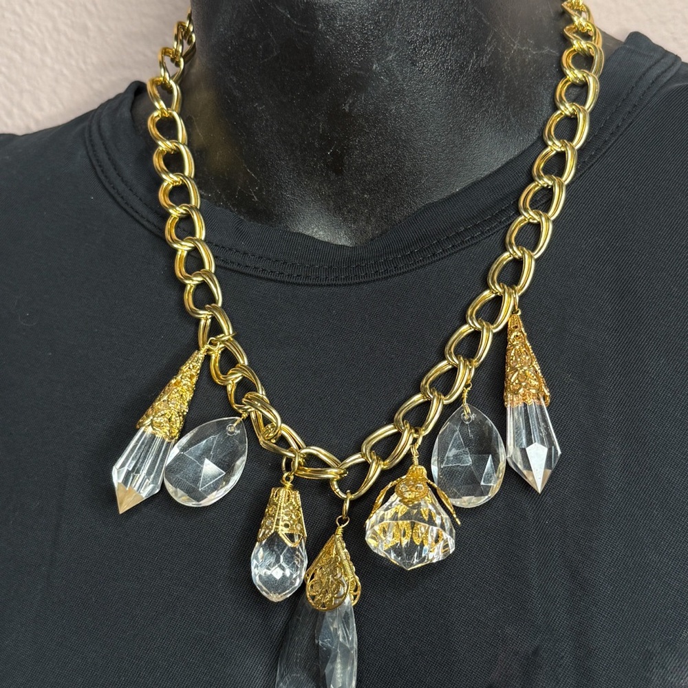 Gold Chain Necklace with Clear Crystal Drops